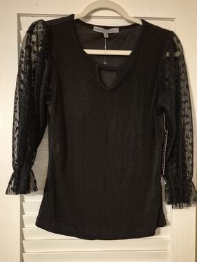 Absolutely Famous Black Sheer Pleated Sleeve Top